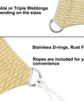 Close-up of corner D-ring on Beige 5 By 8 Foot Sun Shade Sail With Straight Edge For Patio And Pergola Outdoor UV Protected HDPE Shade Fabric