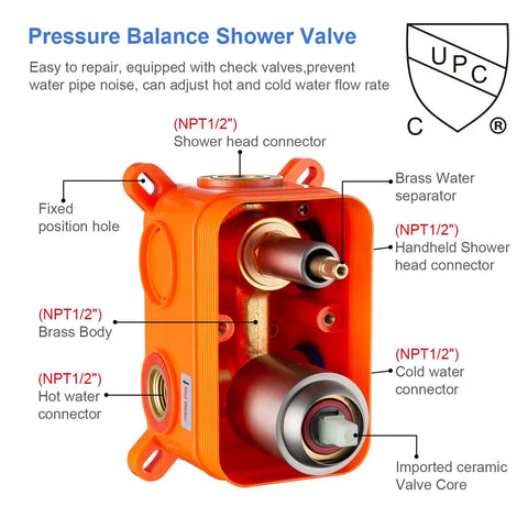 Pressure balance shower valve with brass connectors and cold/hot water controls for Dope 10 Inch Rain Shower Head Combo System.