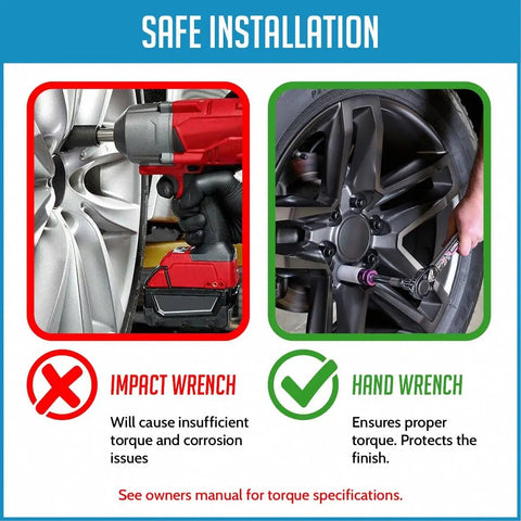 Diagram showing incorrect and correct installation of 20 Pcs M14 X 1.50 Thread Acorn Seat Spline Lug Bolts using impact and hand wrenches.