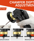 GETLITOOL pneumatic chamfering tool with gold depth-adjustment collar, black body held by gloved hands