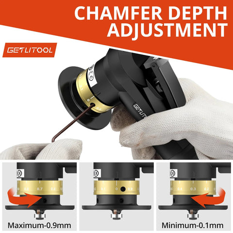 GETLITOOL pneumatic chamfering tool with gold depth-adjustment collar, black body held by gloved hands