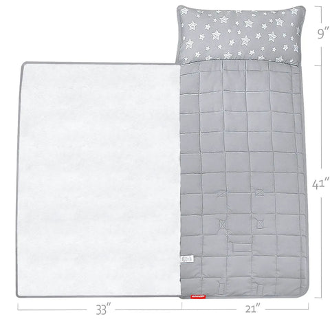 Cozy Toddler Nap Mat With Removable Pillow And Fleece Minky Blanket Grey, lightweight sleep pad for toddlers, 21x50 inches