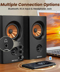 Active Bookshelf Speakers, 50W Bluetooth Home Studio Monitors With 3 Inch Woofer And 1 Inch Silk Dome Tweeter, RCA Inputs shown with phone and laptop