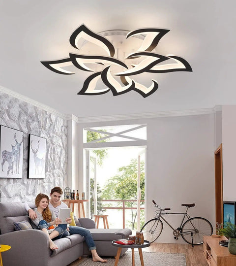 Modern LED Square Dimmable Ceiling Light Fixture With Remote Control in living room, black and white design, wall art visible