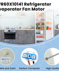 Refrigerator Evaporator Fan Motor Replacement WR60X10141 shown in a kitchen setting with labelled features and connections.