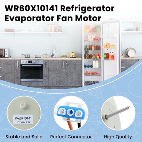 Refrigerator Evaporator Fan Motor Replacement WR60X10141 shown in a kitchen setting with labelled features and connections.