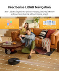 Living room with Robot Vacuum and Mop Combo With 10,000 Pa HyperForce Suction, LiDAR Navigation, cleaning hardwood floors near sofa.