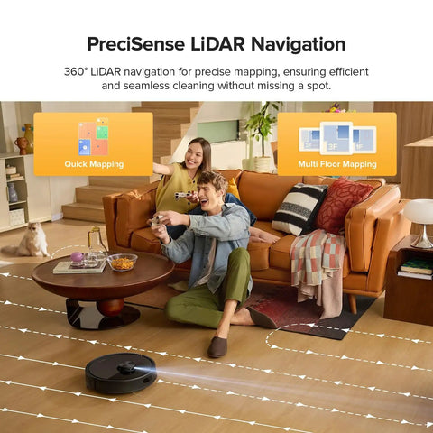 Living room with Robot Vacuum and Mop Combo With 10,000 Pa HyperForce Suction, LiDAR Navigation, cleaning hardwood floors near sofa.