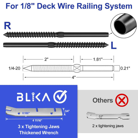 Diagram of 100 Pack One Eighth Inch Black Cable Railing Kit With Left And Right Swage Lag Screws For Wood Posts, includes wrench