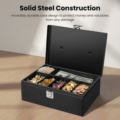 Heavy Duty Black Cash Box With Lock And 7 Compartment Money Tray For Small Businesses open showing organized cash and coins