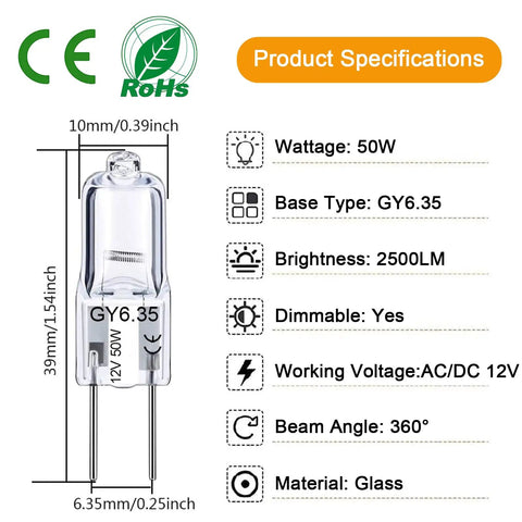 GY6.35 50W Dimmable Halogen Bulbs 12V Warm White 2700K JC Type Capsule Bi-Pin GY6.35 Pack of 12 specifications chart