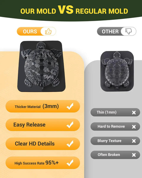 Comparison of Tortoise Shaped Stepping Stone Mold For Concrete versus regular mold with benefits listed