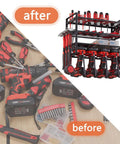 Before and after of Rugged 4 Layer Heavy Duty Power Tool Organizer Rack With Wall Mount Drill Holder in garage setting.
