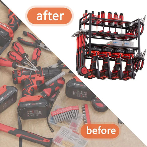 Before and after of Rugged 4 Layer Heavy Duty Power Tool Organizer Rack With Wall Mount Drill Holder in garage setting.