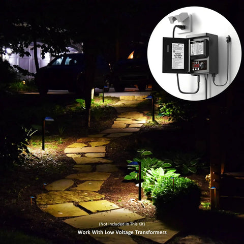 LED Path Light 0.6W Low Voltage Landscape Lighting illuminating stone pathway with inset of required transformer