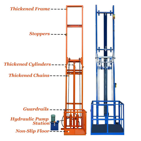 Pro Grade Electric Lift Platform With 2200 Lb Capacity And 36 Foot Hydraulic Rail Hoist showing frame, cylinders, and pump station details.