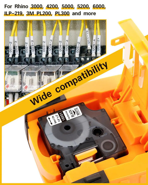Killer Heat Shrink Labels Compatible With Dymo 18051 18053 18055 Replacement Tubing Tape in orange holder with wire connections.