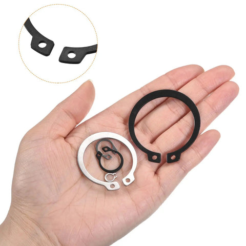 External Retaining Ring Kit, 255 Pcs in 15 Sizes, 65Mn Carbon Steel Circlips displayed in hand showing black and silver rings