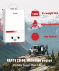 Rugged Tankless Propane Water Heater Delivering Snappy Instant Hot Water On Demand At 2.11 Gpm With Featherweight Portable Frame, 14LB.