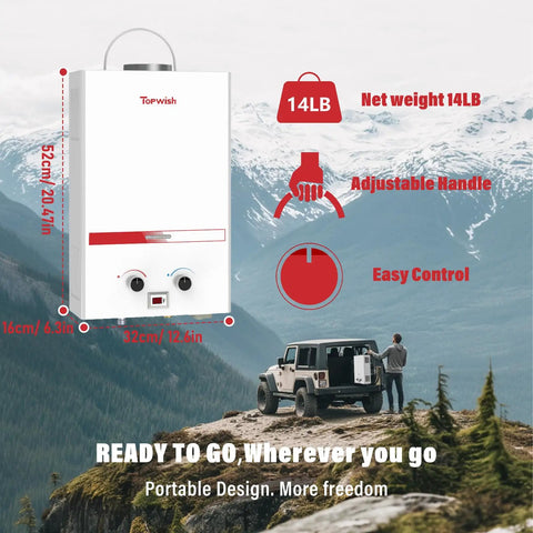 Rugged Tankless Propane Water Heater Delivering Snappy Instant Hot Water On Demand At 2.11 Gpm With Featherweight Portable Frame, 14LB.