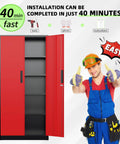 Beefy 72 Inch Heavy Duty Steel Garage Storage Cabinet With 900 Lb Capacity, 3 Point Locking System, Four Adjustable Shelves, Lockable Tall Storage for Garage Office or Warehouse, Black and Red; red steel cabinet open