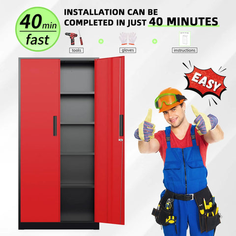 Beefy 72 Inch Heavy Duty Steel Garage Storage Cabinet With 900 Lb Capacity, 3 Point Locking System, Four Adjustable Shelves, Lockable Tall Storage for Garage Office or Warehouse, Black and Red; red steel cabinet open