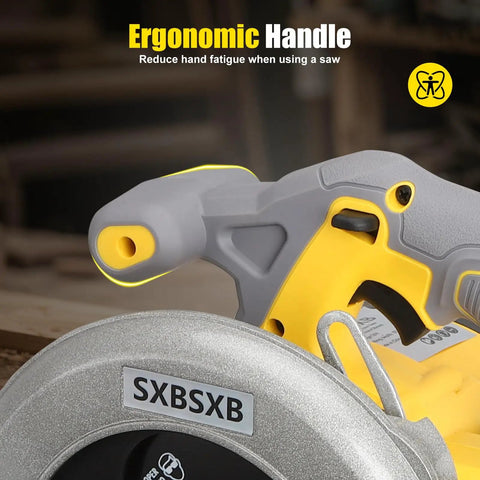 Close-up of the ergonomic handle of the Real Deal Cordless Circular Saw Featuring A Beefy Eight Thousand RPM Motor.