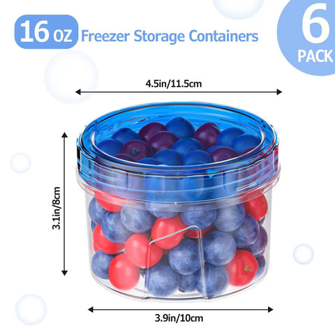 Sixteen Ounce Freezer Storage Containers Set With Twist Top Lids filled with berries, shown with measurements on a blue background.