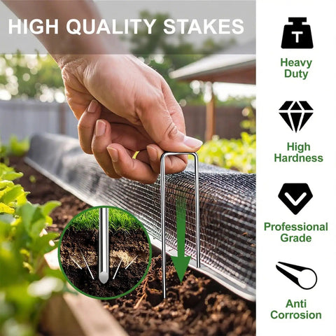 Heavy Duty 6 Inch Garden Stakes 25 Pack Anti Rust 11 Gauge Galvanized Ground Staples used to secure landscape fabric in garden