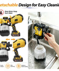Heavy Hitter Cordless Paint Sprayer With Dual 20V Rechargeable Batteries And Hvlp Paint Gun Kit shown being cleaned under running water.