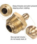 Close-up of Five Pack Brass Straight Grease Fittings R3/8-19 SAE Thread Hydraulic Grease Nipples with thread details and features.