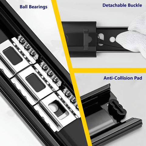 Beefy Heavy Duty Drawer Slides With Ball Bearing Runners Side Mount 1 Pair Steel Cold Rolled Construction Soft Close With Anti Collision Pads Perfect For Kitchen Drawers Dressers And Cabinet Pull Outs 4 To 20 Inches Range close-up of ball bearings and detachable buckle