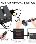 2 In 1 Hot Air Rework And Soldering Iron Station Pro Grade 700W SMD ESD Safe Soldering Kit in use for circuit board soldering