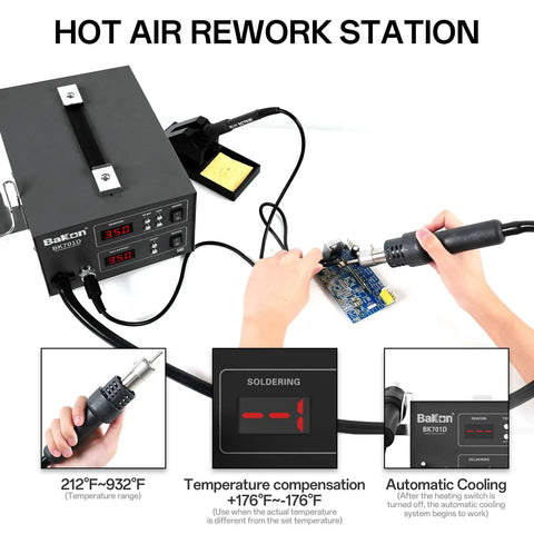 2 In 1 Hot Air Rework And Soldering Iron Station Pro Grade 700W SMD ESD Safe Soldering Kit in use for circuit board soldering