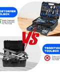 Comparison of organized Massive 269 Piece Home And Auto Tool Set With Drawer Box and messy traditional toolbox.