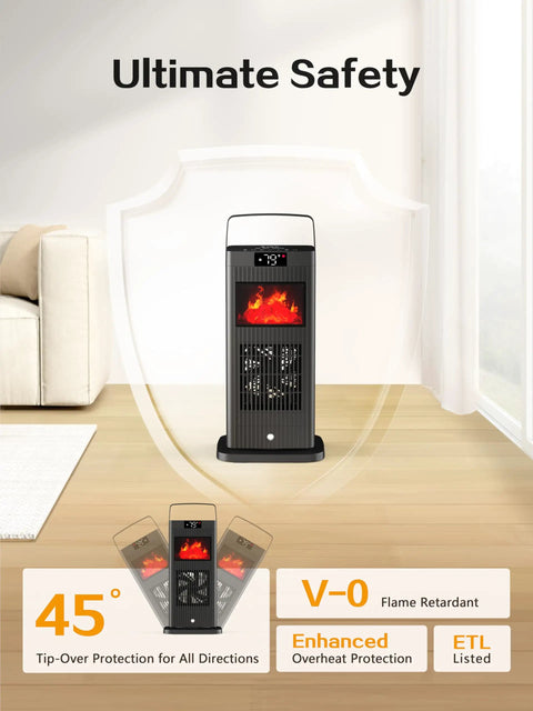 Image of New 1500W Portable Space Heater With Fireplace Flame Effect, showcasing safety features and ETL certification.