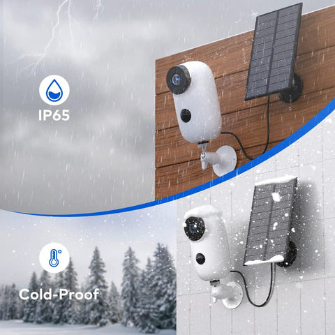 Solar Powered Wireless Outdoor Security Camera With 365 Day Power PIR Motion Detection Alarm Alerts in rainy and snowy conditions.