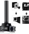 Close-up of 1/4 Inch Shank Spoilboard Surfacing Router Bit with 1-1/4 Inch Cutting Diameter and 2 Plus 2 Inserts.