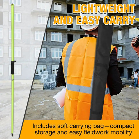 Rock Solid Aluminum Survey Pole Six Point Five Foot Long Rugged Gps Rover Rod Built Tough For RTK GNSS Measurements And Prism Attachments Standard Five Eighth Inch Thread Perfect For Field Crews Daily Hustle with carrying bag and construction background.