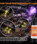 Oil Based UV Leak Detection Dye 150 ml bottle with precision nozzle showing leak locations under UV light on oily engine surface