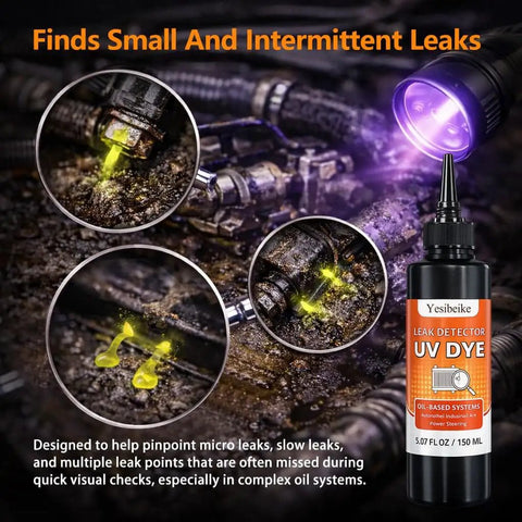 Oil Based UV Leak Detection Dye 150 ml bottle with precision nozzle showing leak locations under UV light on oily engine surface