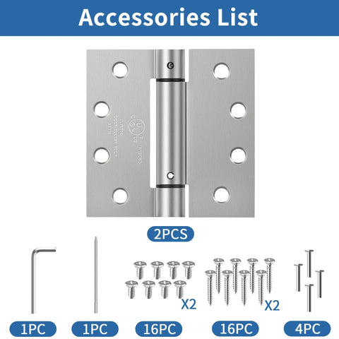 4.5 Inch Self Closing Door Hinges Brushed Nickel 2 Pack Square Spring Hinges and accessories list including screws and tools.