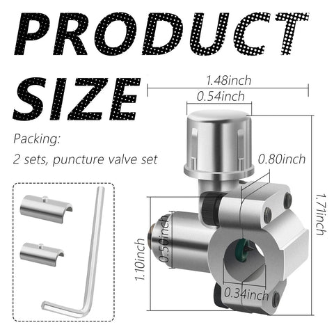 Dimensions and components of Bullet Piercing Valve Kit For Refrigerator 2 Pack Anti Rust Fits 1/4 Inch, 5/16 Inch And 3/8 Inch OD Pipes.