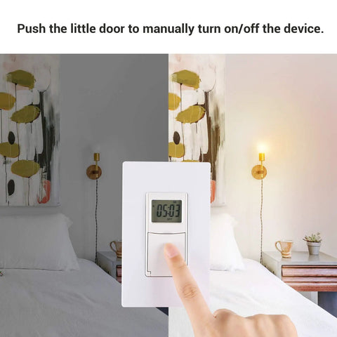 In Wall Timer Switch for Lights and Fans, 7 Day Programmable Digital Timer installation with hand pressing button