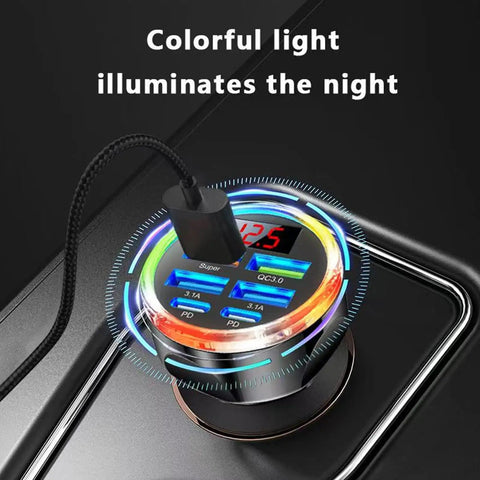 Hassle Free 6 In 1 Usb C Car Phone Charger With Real Time Volt Meter, 250W Multiport Cigarette Lighter Plug illuminated display