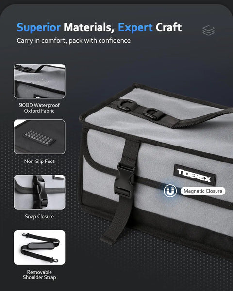Large Fishing Tackle Bag For Soft Plastic Baits Storage, grey 900D Waterproof Oxford Fabric with adjustable dividers and features.