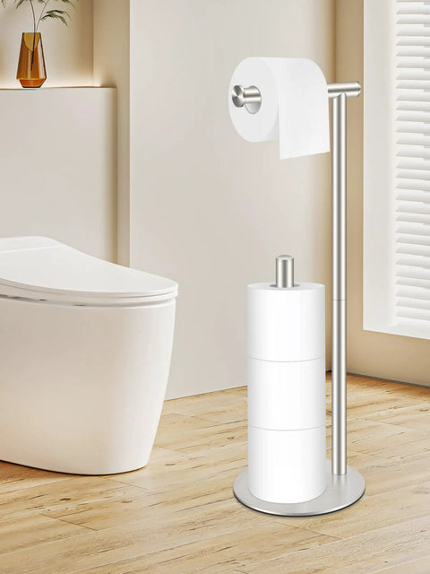 Freestanding Toilet Paper Holder Stand In Brushed Nickel, Stainless Steel, Weighted Base So It Stays Put, Holds 3-4 Rolls