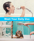 Extra Long 118 Inch Stainless Steel Shower Hose for Handheld Showers in use with child and pet, showcasing flexibility and durability