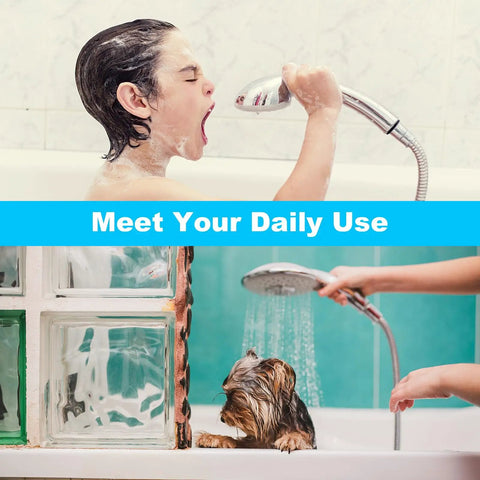 Extra Long 118 Inch Stainless Steel Shower Hose for Handheld Showers in use with child and pet, showcasing flexibility and durability