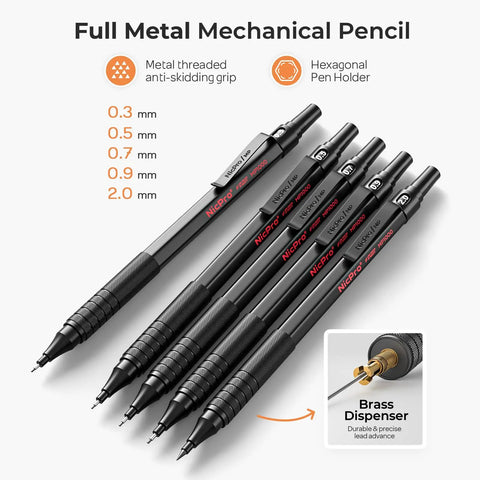 Metal Mechanical Drafting Pencil Set For Sketching And Drawing, five pencils with 0.3-2.0 mm leads, full metal design